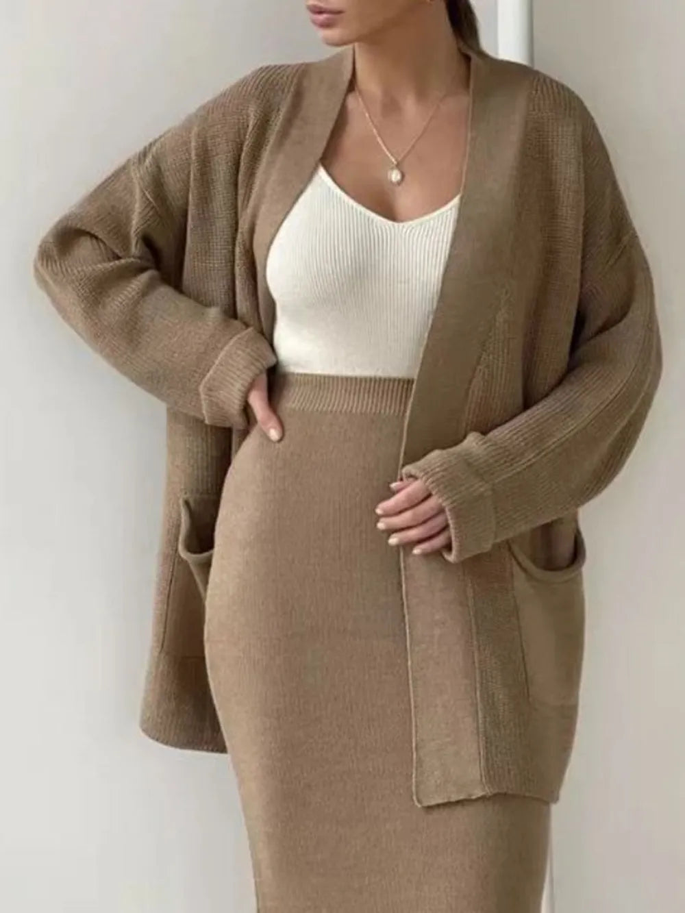 Pocketed Long Sleeve Cardigan and Skirt Sweater Set - kinko