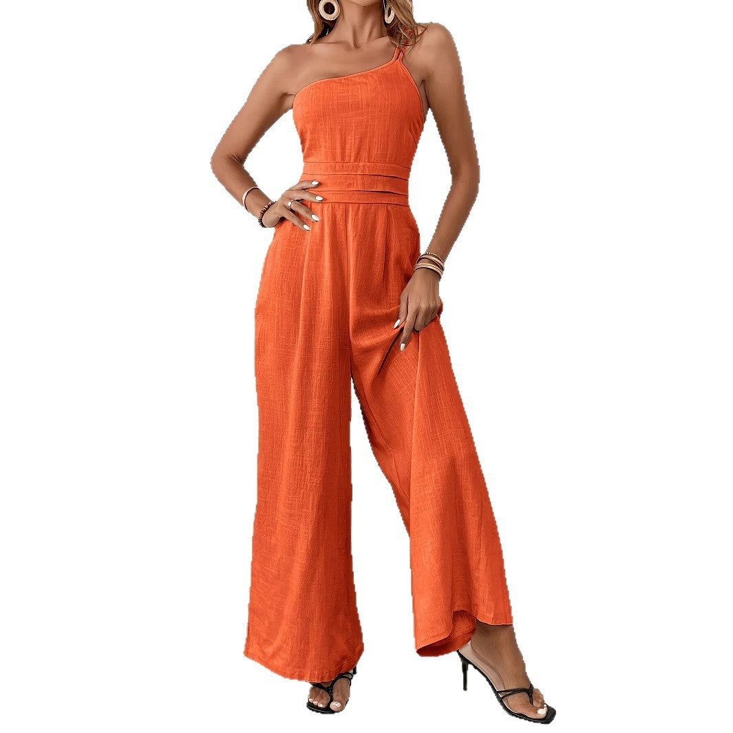 Women's Solid Color Wide-leg Thin One-shoulder Jumpsuit - kinko