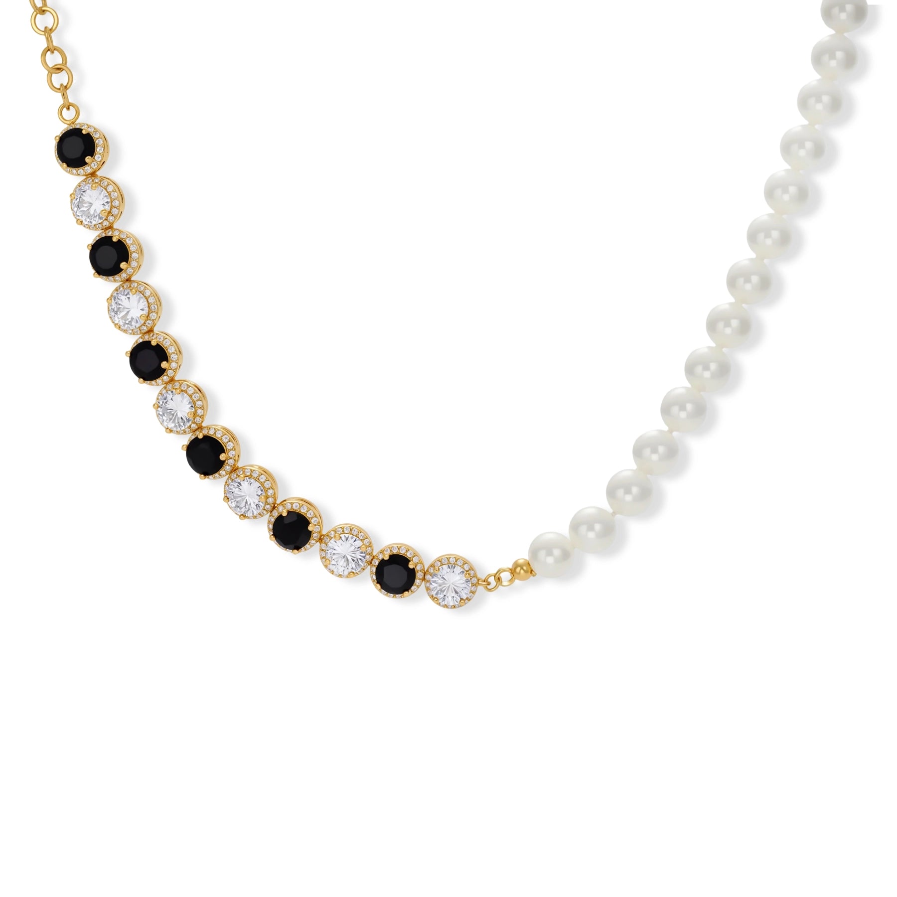 Gold-plated jewelry set with alternating black and clear cubic zirconia stones, featuring necklace, earrings and bracelet