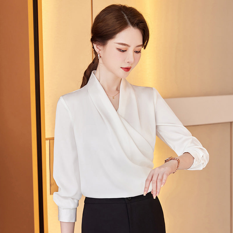 Long Sleeve V-neck New Acetate All-matching Pullover Business Wear Bottoming Shirt For Women - kinko