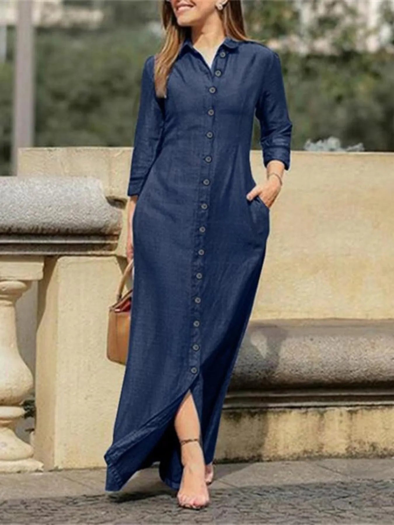 Full Size Button-Down Maxi Denim Dress Plus Size - kinko