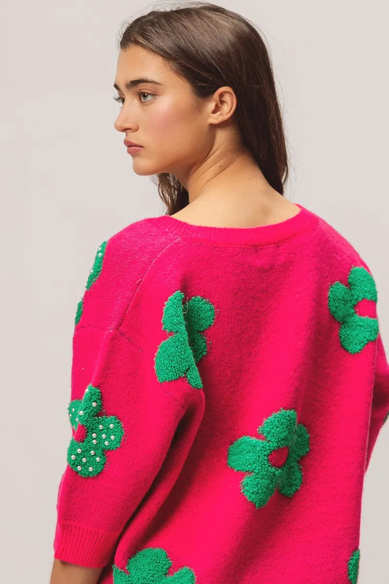 BiBi Pearl Beads Flowers Sweater Top - kinko