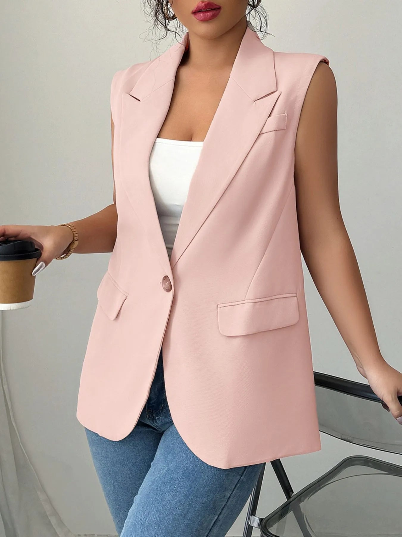 One Button Sleeveless Blazer - kinko