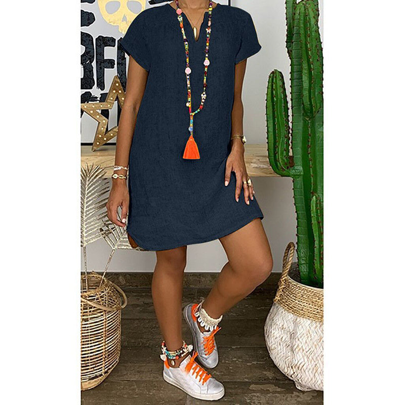 Womens Summer Casual Solid Color V Neck Short Sleeve Dresses Boho Beach Sundresses - kinko
