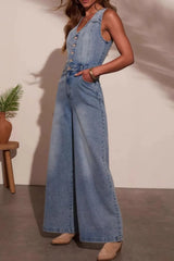 V-neck Wide Leg Denim Jumpsuit - kinko