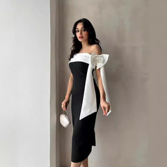 Women's Off-shoulder Bow Black And White Color Matching Elegant Cocktail Dress - kinko