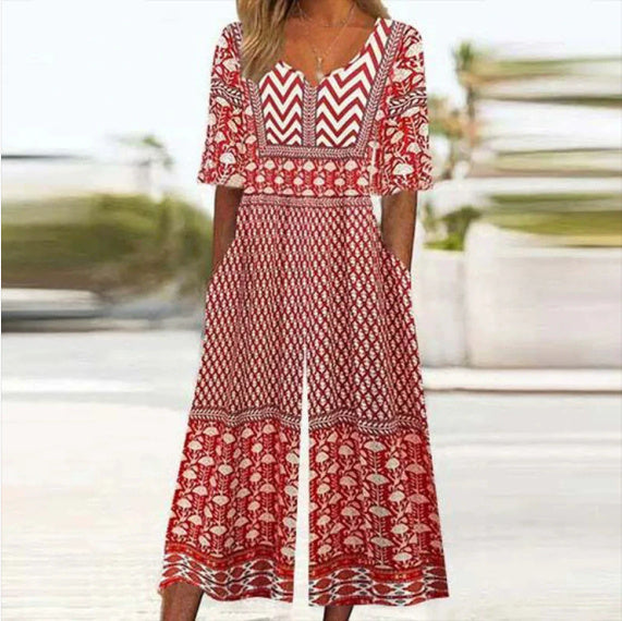 Spring And Summer Print Women's Pocket Collar Jumpsuit - kinko