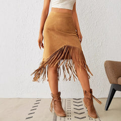 Women's Tassel Edge Asymmetrical Hem Solid Color Skirt - kinko