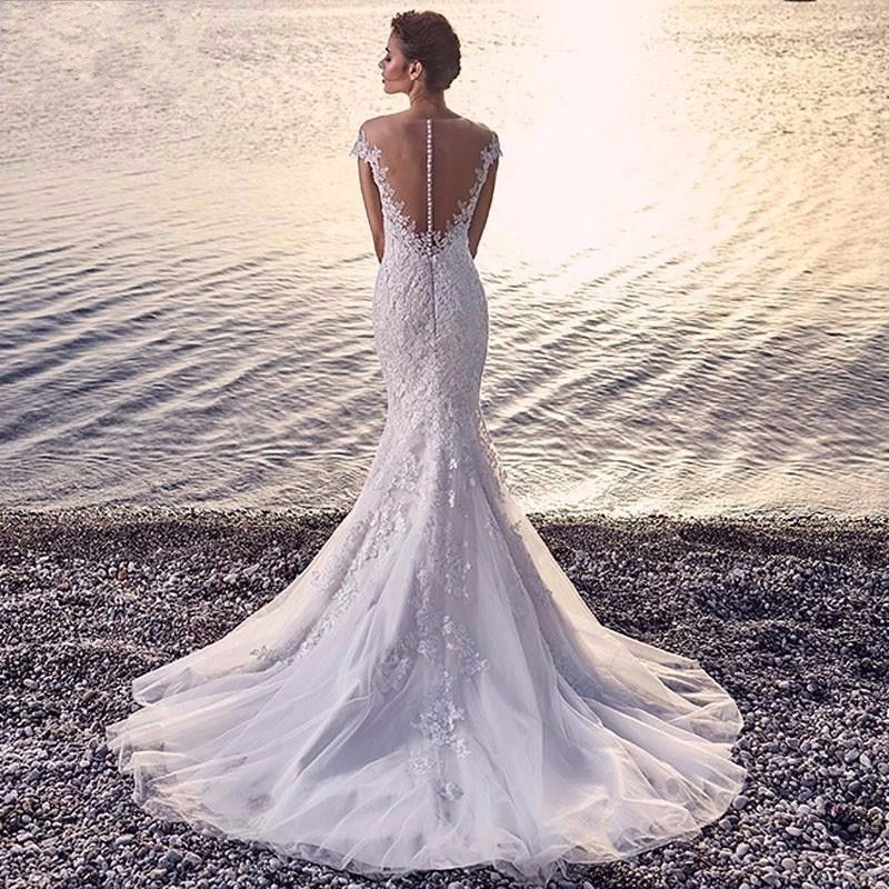 Princess Bride Mermaid Wedding Dress White Trailing Perspective Backless Lace Wedding Dress - kinko
