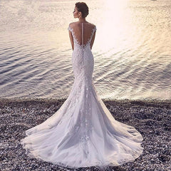 Princess Bride Mermaid Wedding Dress White Trailing Perspective Backless Lace Wedding Dress - kinko