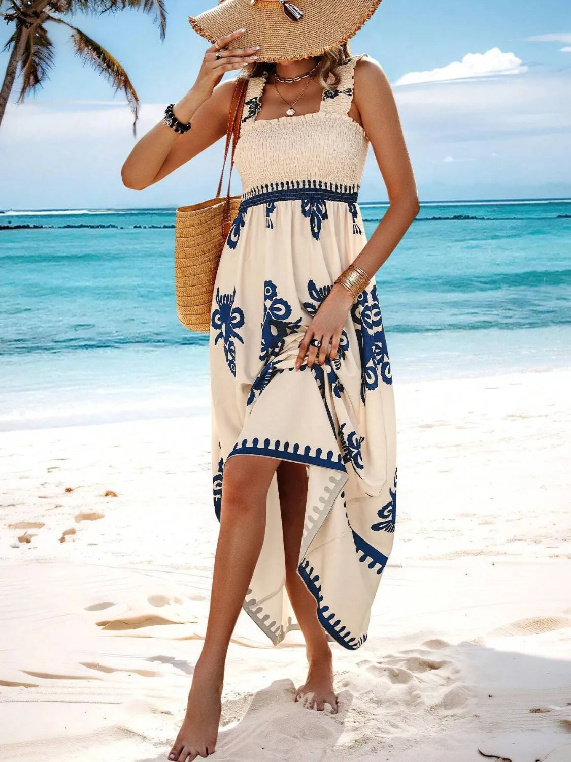 Smocked Printed Wide Strap Maxi Dress - kinko