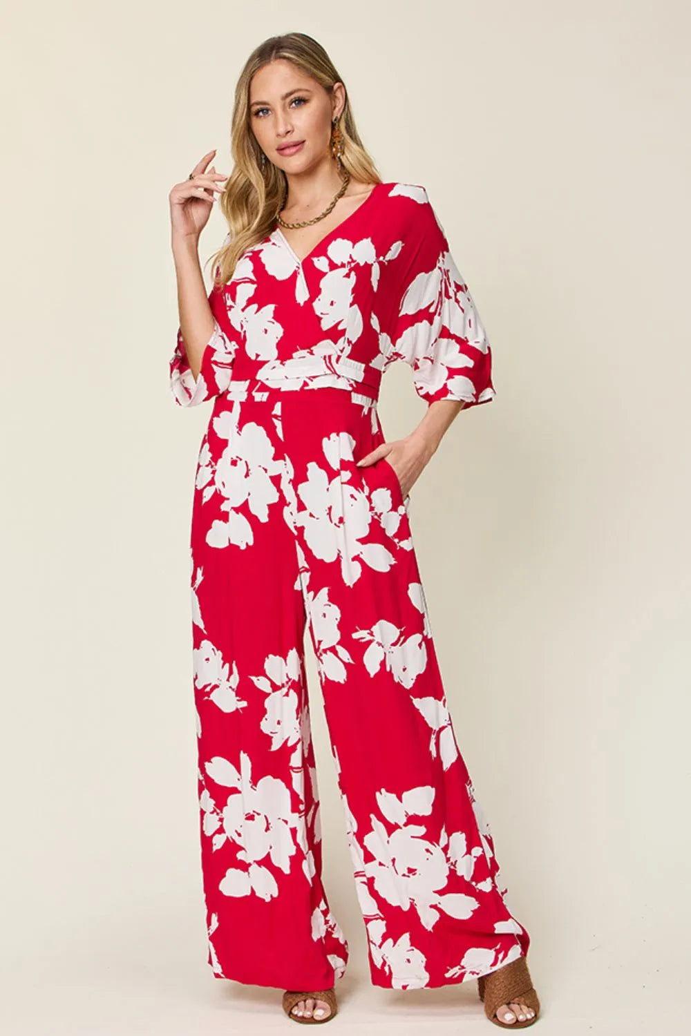 Double Take Full Size Printed Tie Back Wide Leg Jumpsuit - kinko