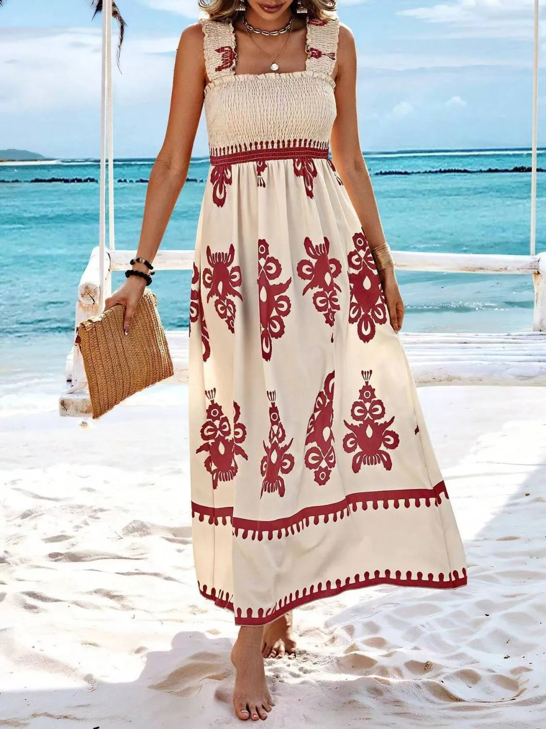 Smocked Printed Wide Strap Maxi Dress - kinko