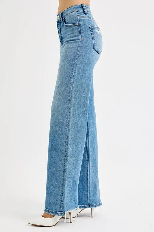 RISEN Full Size Distressed Wide Leg Jeans Plus Size - kinko