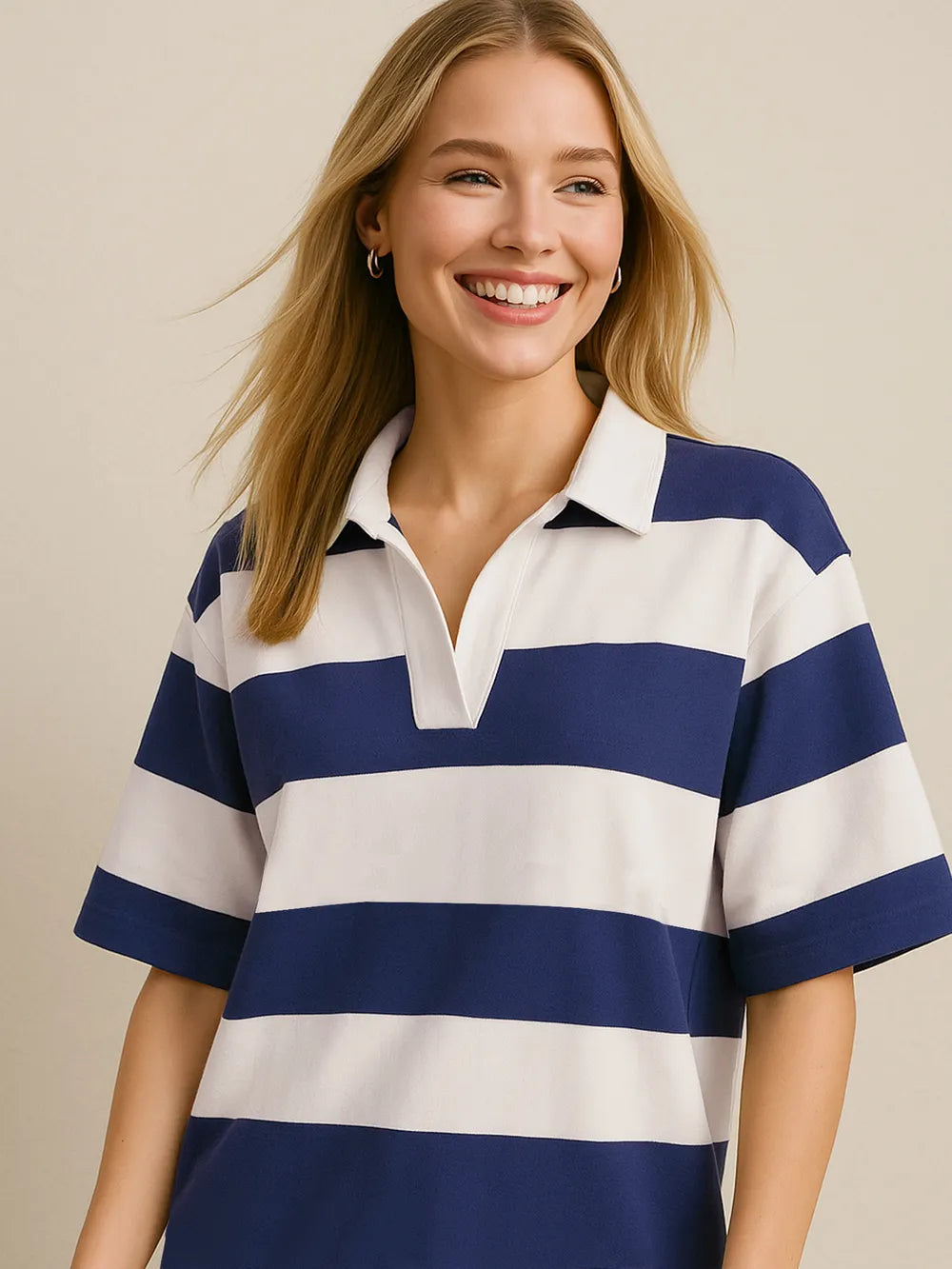 Oh Pima Cotton Wash Color Block Johnny Collar Half Sleeve Top - kinko