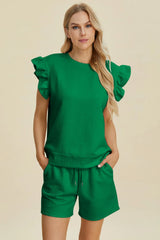 Double Take Full Size Texture Round Neck Ruffle Sleeve Top and Shorts Set - kinko