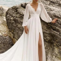 European And American High Waist Plus Size Deep V Long Sleeve Mopping Backless Wedding Dress High Slit - kinko