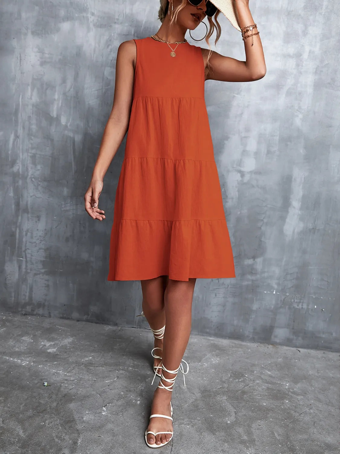 Tiered Round Neck Sleeveless Mini Tank Dress - kinko