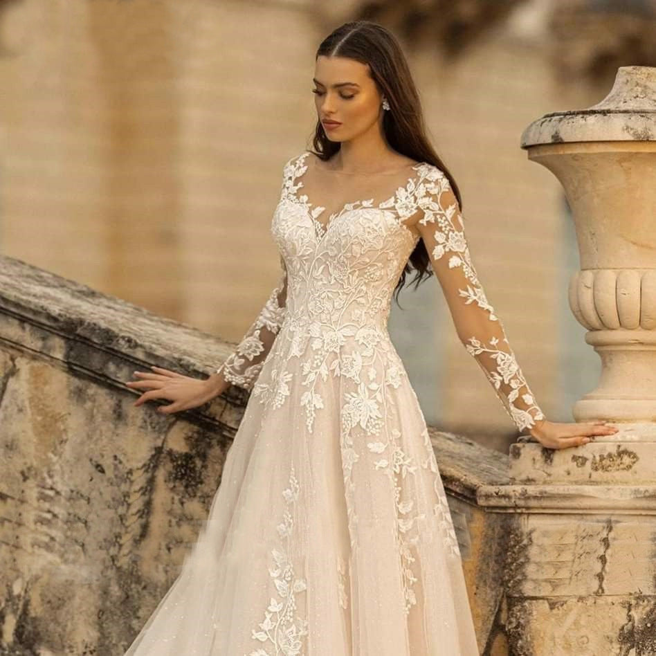 Long Sleeve Wedding Dress Mori Style Bridal Simple Round Neck - kinko
