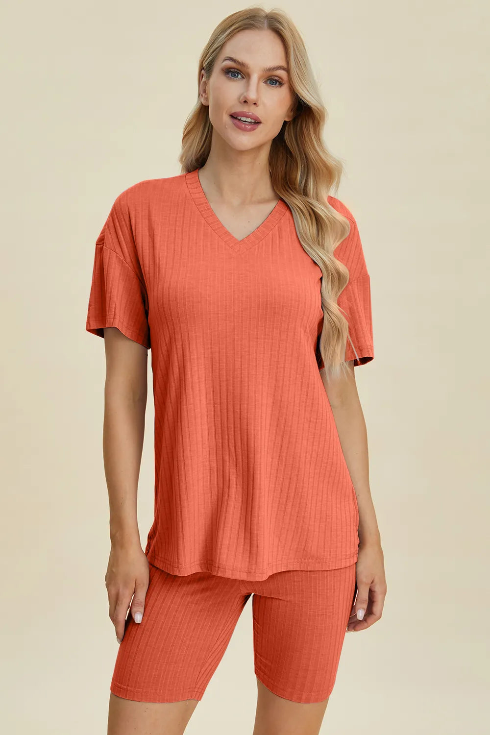 Basic Bae Full Size Ribbed V-Neck Short Sleeve Top and Shorts Set - kinko