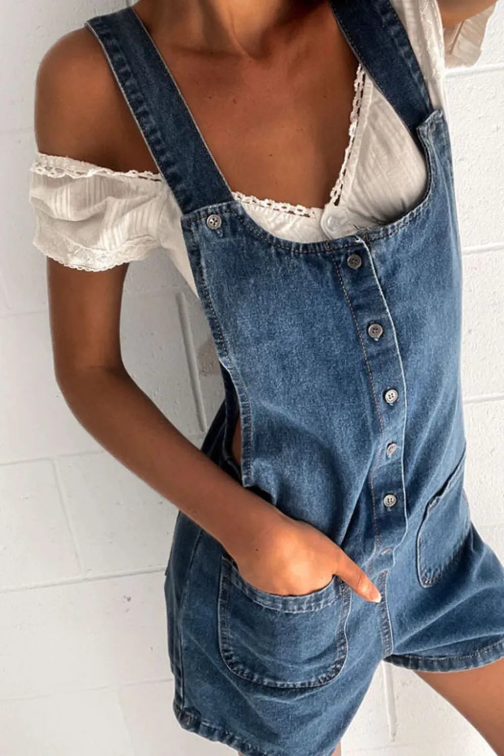 Button Front Denim Overall Shorts with Front Pockets - kinko