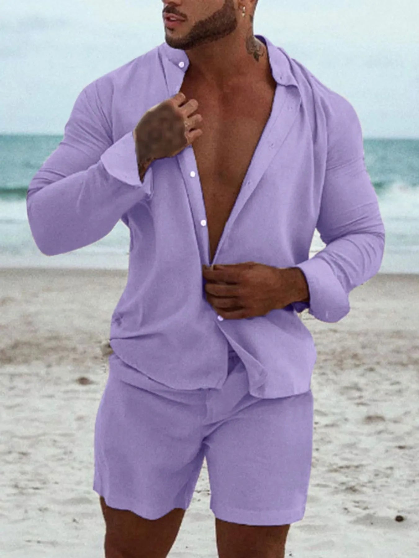 Men's Full Size Button Up Long Sleeve Shirt and Shorts Set Plus Size - kinko