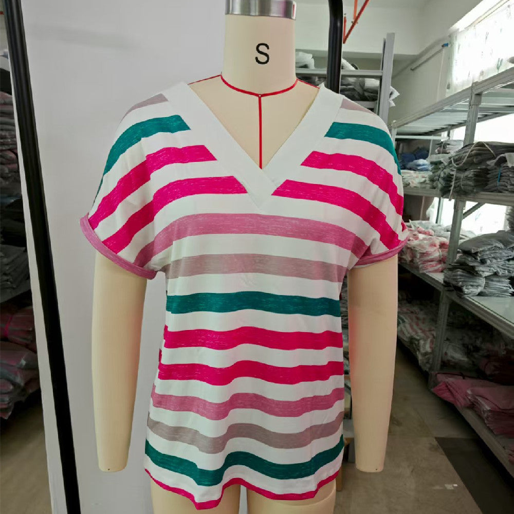 Women's Casual Round Neck Striped T-shirt Top - kinko
