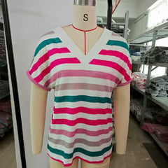 Women's Casual Round Neck Striped T-shirt Top - kinko