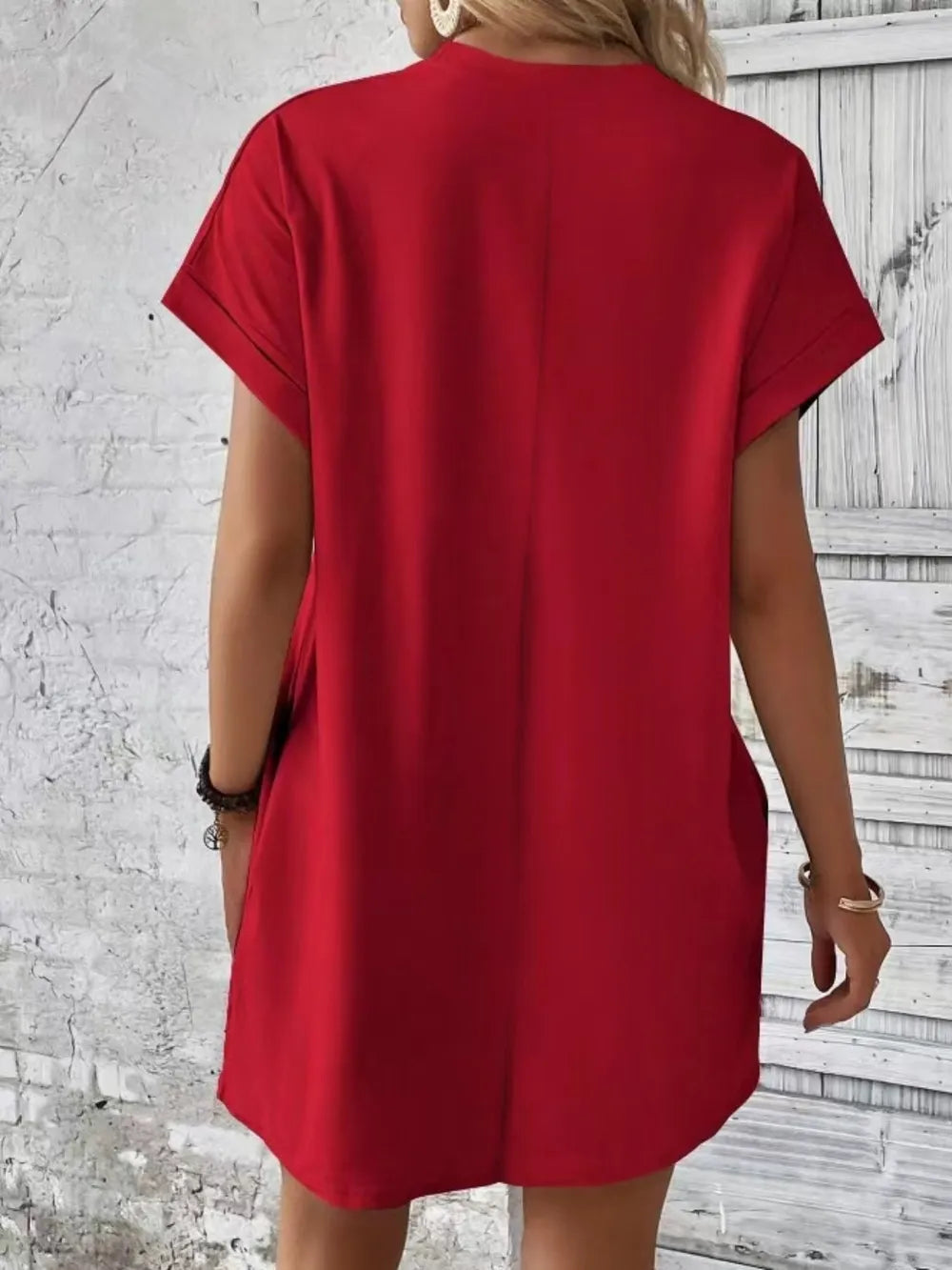 Pocketed Round Neck Short Sleeve Dress - kinko
