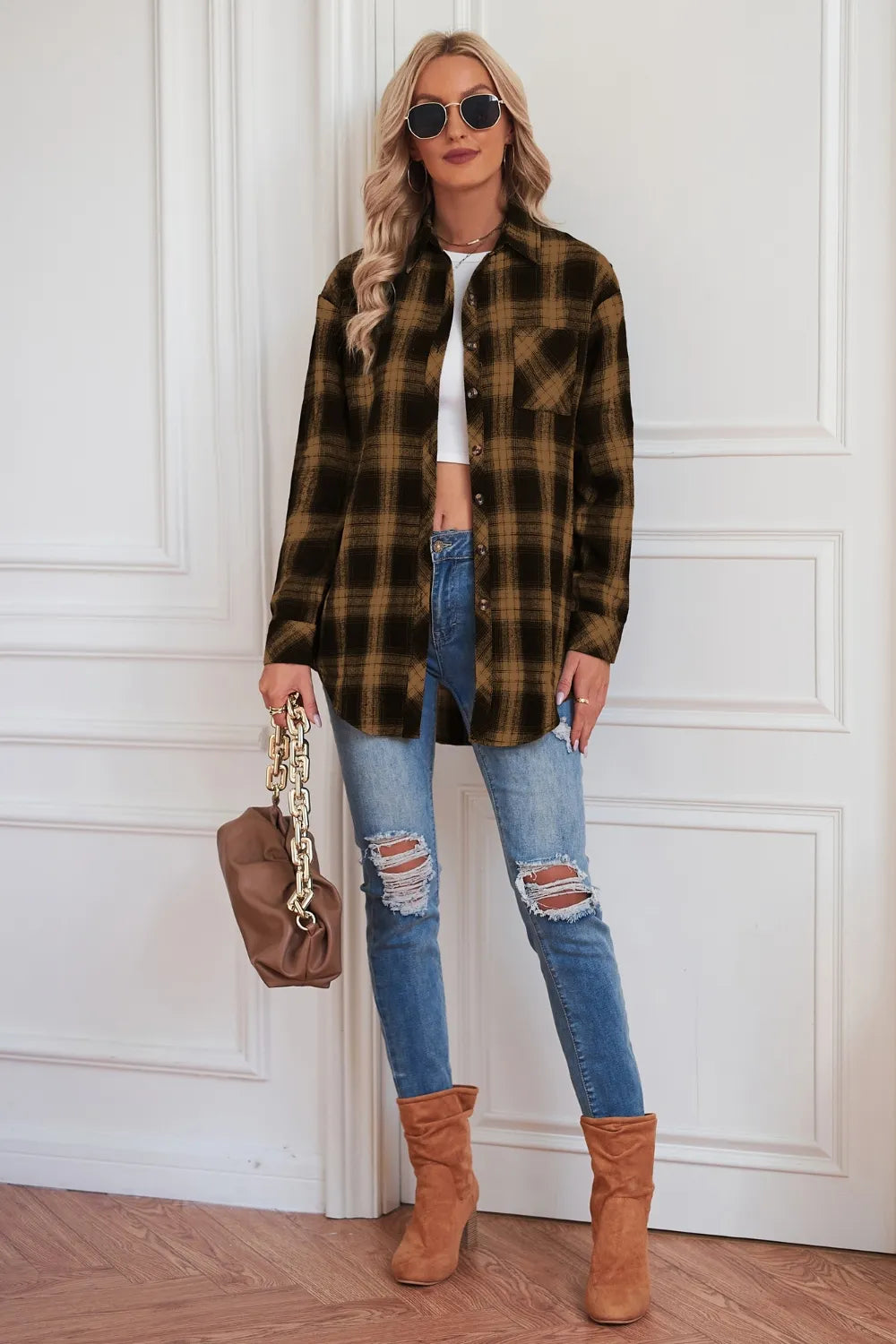 Plaid Button Up Dropped Shoulder Outerwear - kinko