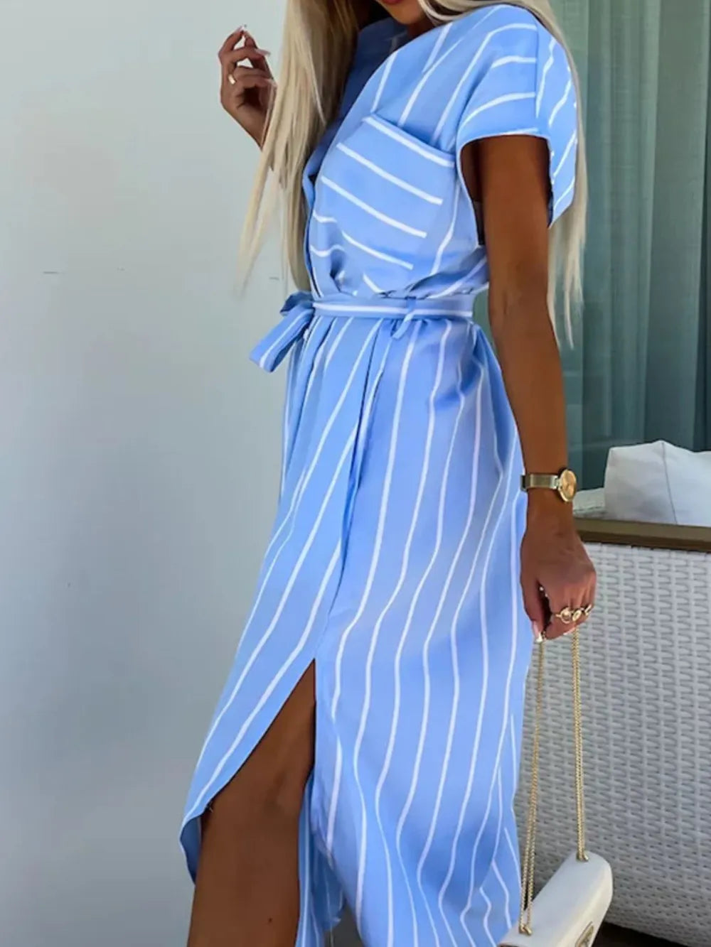 Striped Tie Waist Short Sleeve Dress - kinko