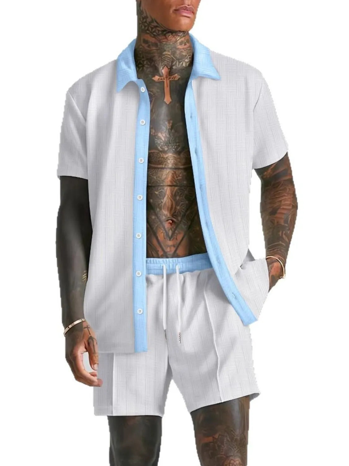 Men's Full Size Collared Neck Short Sleeve Top and Shorts Set Plus Size - kinko