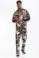 WEIV Men's Full Size Camo Side Stripe Jacket and Pant Set Plus Size - kinko