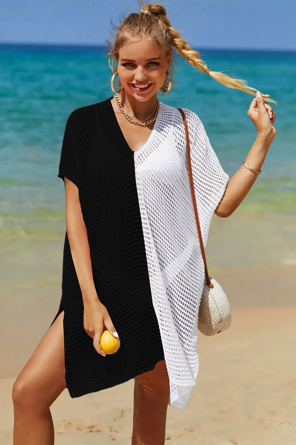 Angel Wings Openwork Contrast Slit Knit Cover Up - kinko