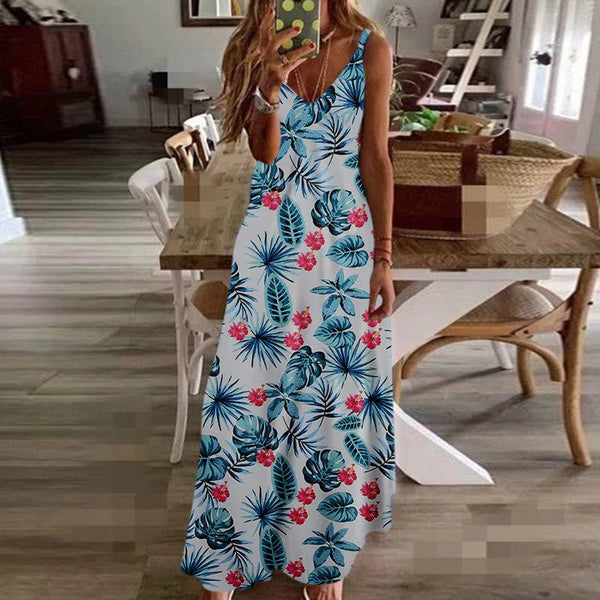 Damen Kleid Lang Blumen Hosenträgerrock