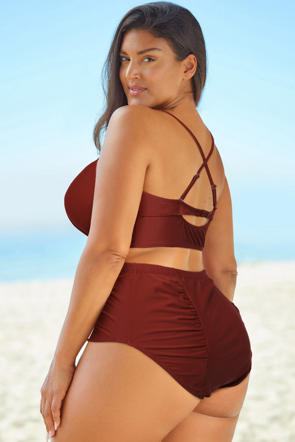 Full Size Halter Neck Crisscross Ruched Two-Piece Swimsuit - kinko