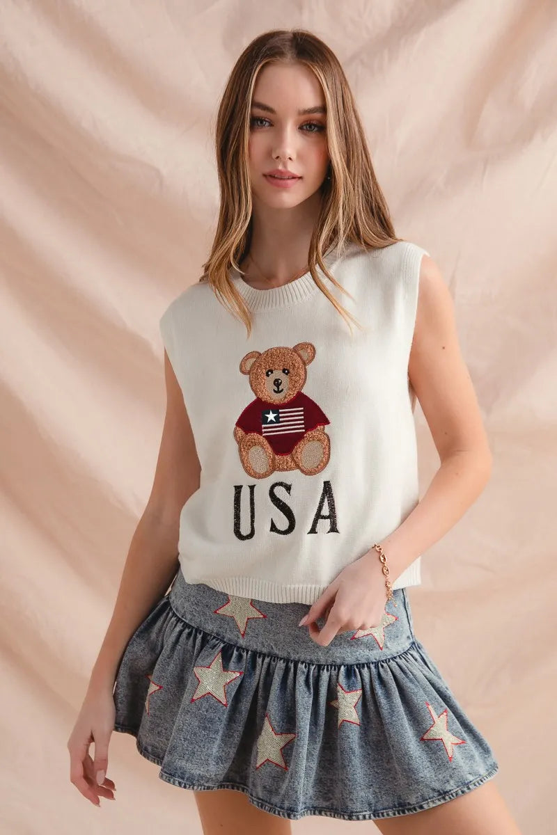 SO ME Teddy Bear Wearing An American Flag With Usa Embroidered Sweater Vest - kinko