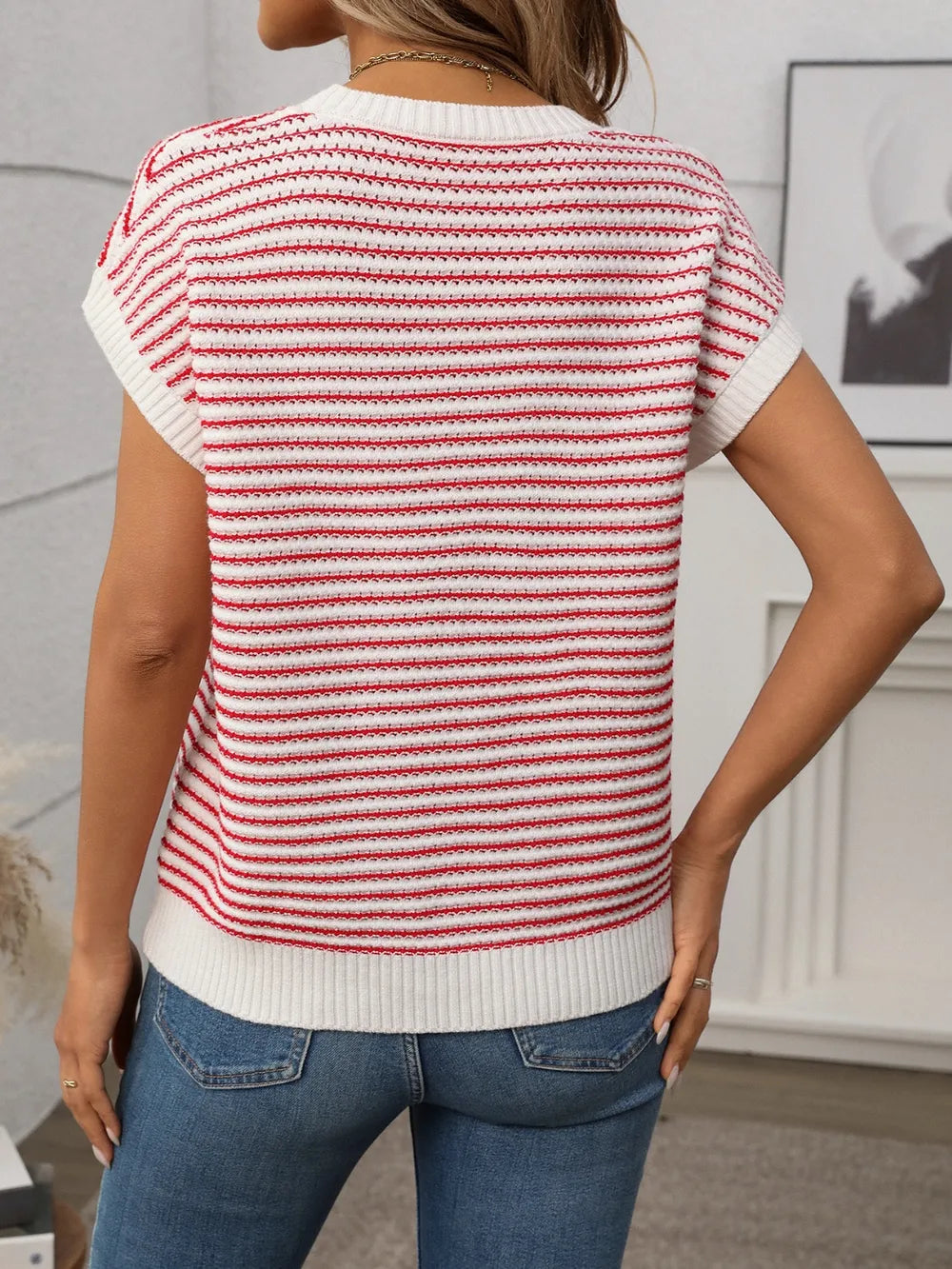 Striped Round Neck Short Sleeve Knit Top - kinko