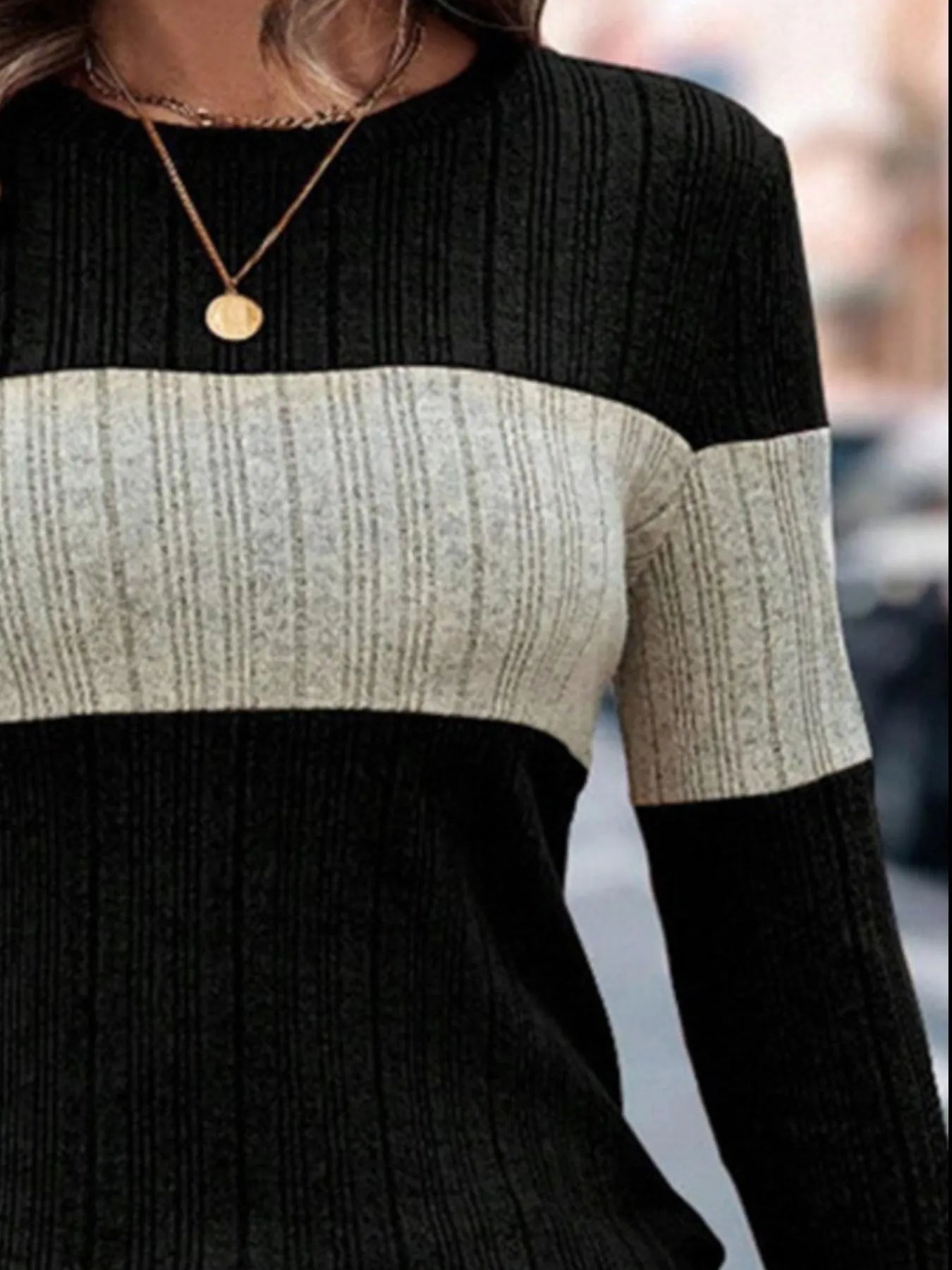 Color Block Round Neck Long Sleeve Sweater - kinko