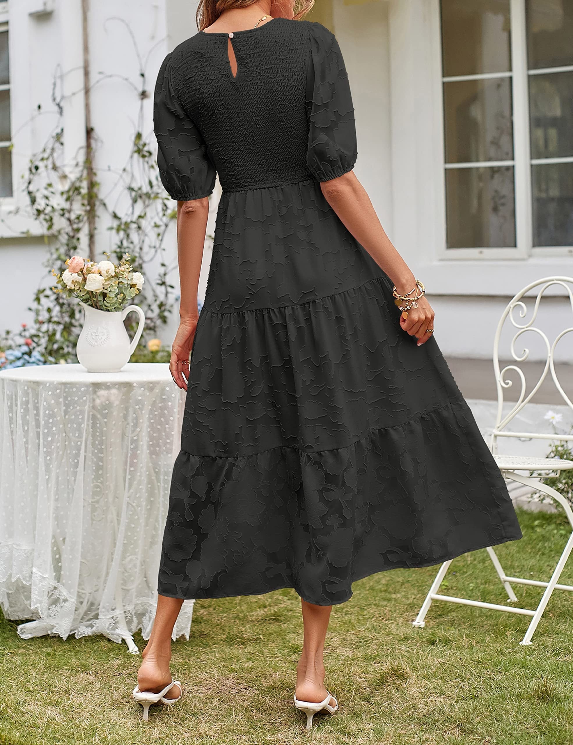 Women's Summer Casual Lace Dress Floral Ruffle Puff Short Sleeve High Waist Midi Beach Dresses - kinko