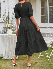 Women's Summer Casual Lace Dress Floral Ruffle Puff Short Sleeve High Waist Midi Beach Dresses - kinko