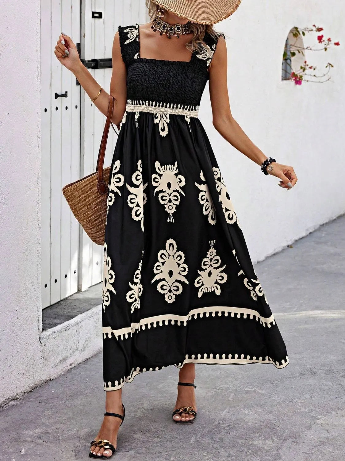 Smocked Printed Wide Strap Maxi Dress - kinko