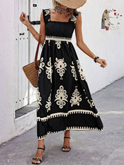 Smocked Printed Wide Strap Maxi Dress - kinko