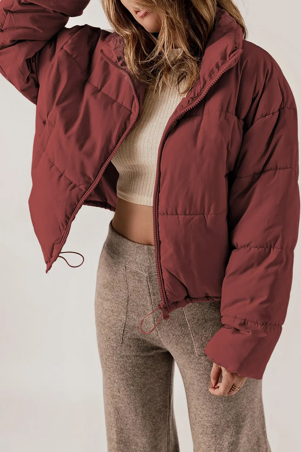Zip Up Collared Neck Long Sleeve Winter Coat - kinko