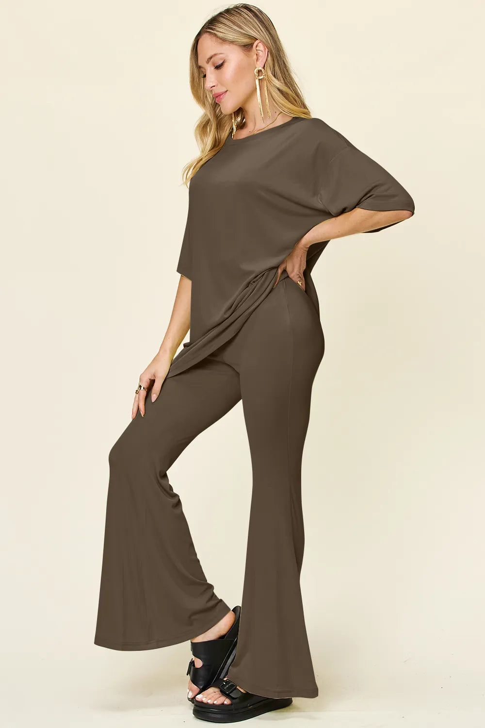 Double Take Full Size Round Neck Drop Shoulder T-Shirt and Flare Pants Set - kinko