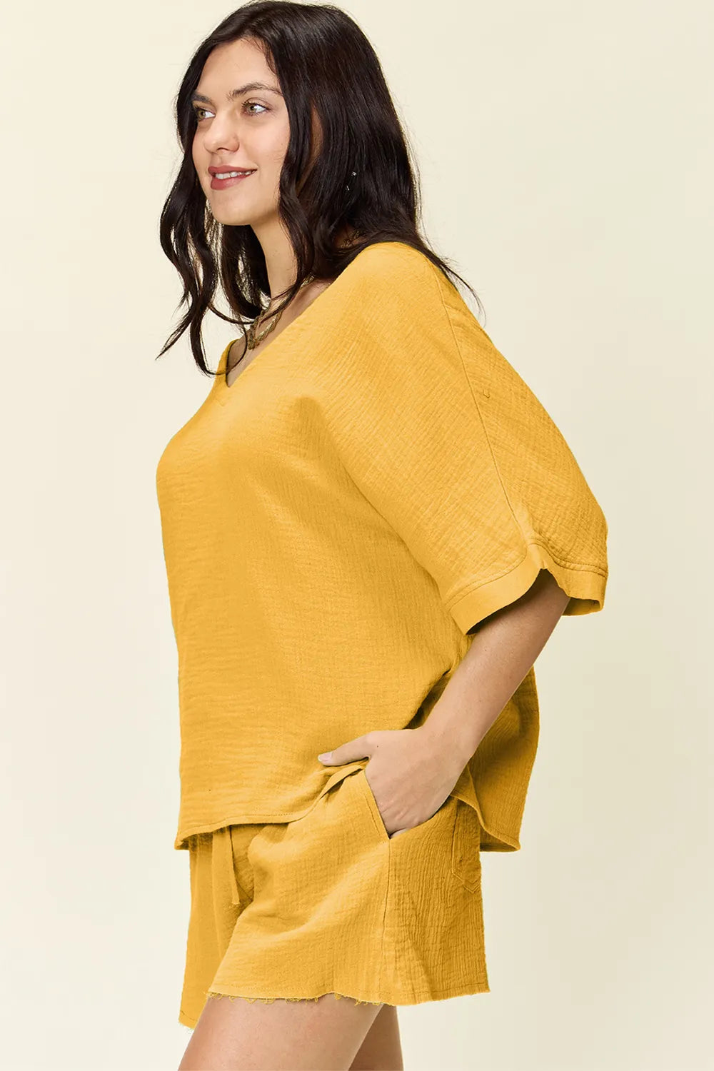 Double Take Texture Half Sleeve T-Shirt and Drawstring Shorts Set - kinko