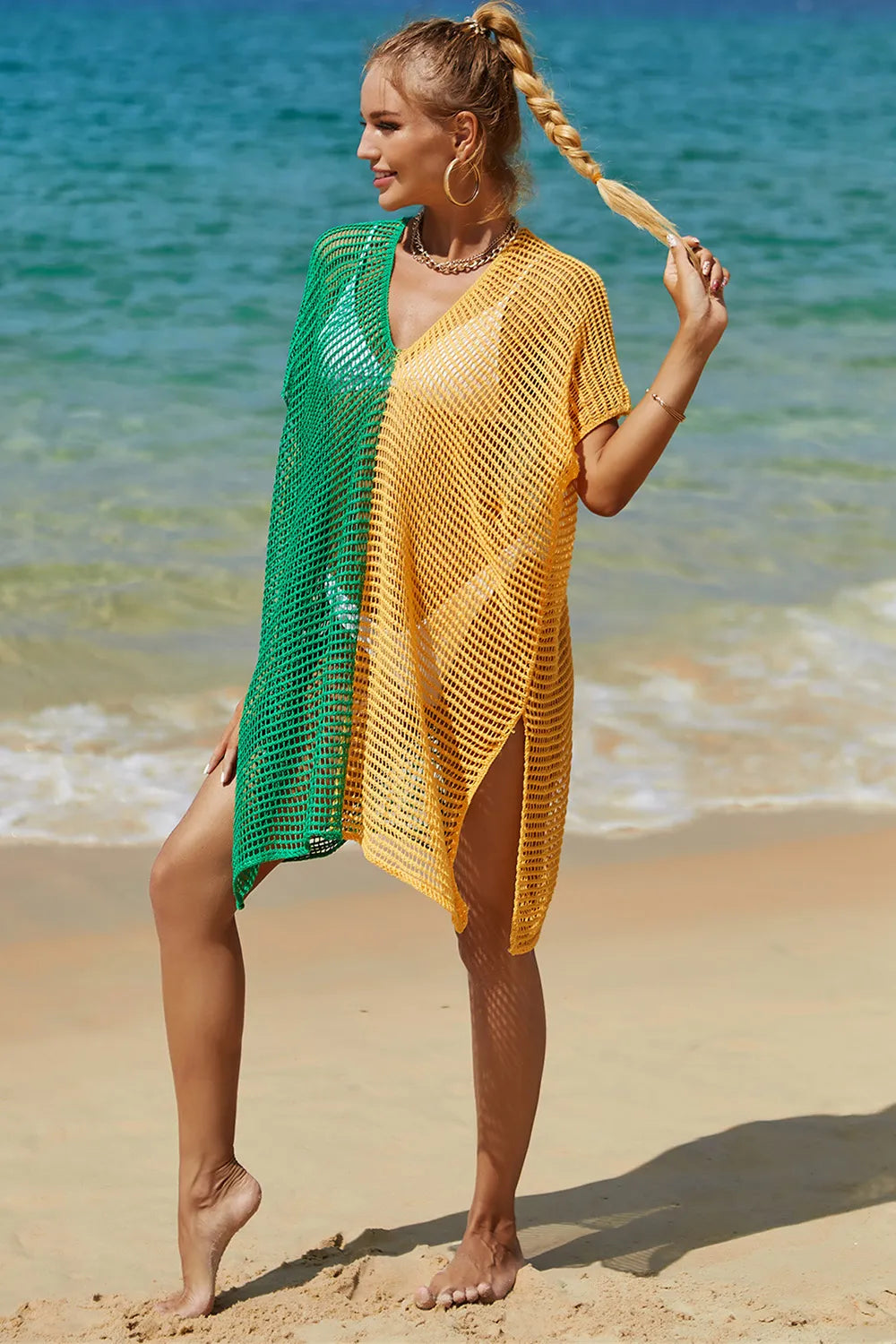 Angel Wings Openwork Contrast Slit Knit Cover Up - kinko