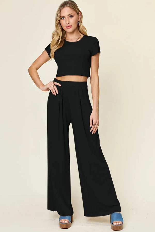 Double Take Set aus Oberteil und Hose in voller Größe mit Rundhalsausschnitt