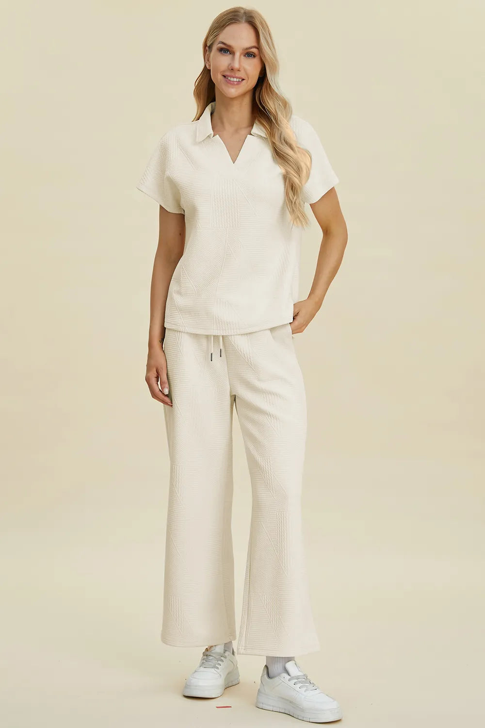 Double Take Full Size Collared Neck Short Sleeve Top and Pants Set - kinko