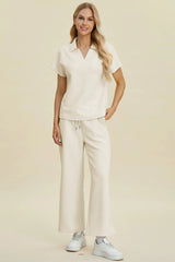 Double Take Full Size Collared Neck Short Sleeve Top and Pants Set - kinko